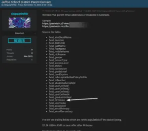 A post on a popular breach sharing forum advertising the sale of student and parent information.