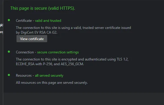 TLS 1.2 being used by a major banking website in the US.