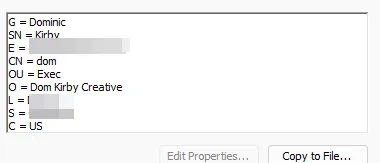 Example of subject fields (given name, surname, etc) on a user cert.